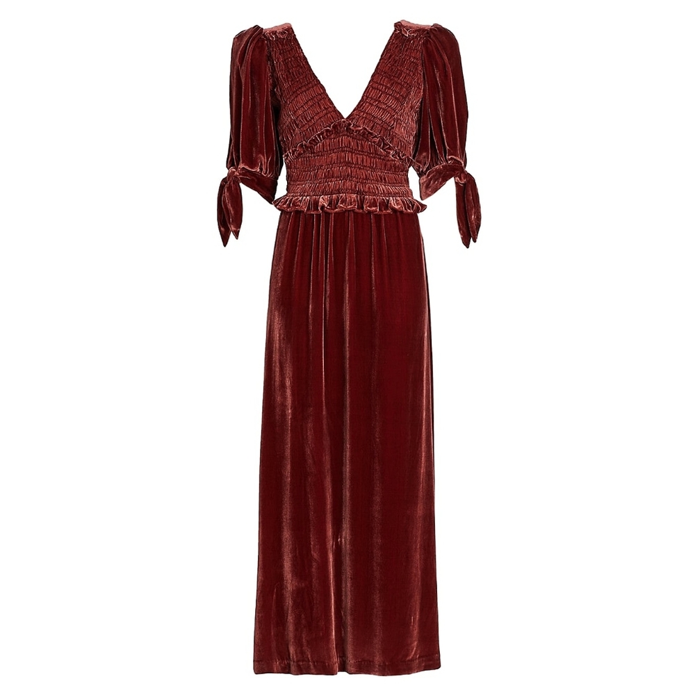 Sea New York Mayde Velvet Puff Sleeve Smocked Bow Midi Maxi Dress - Picture 2 of 11